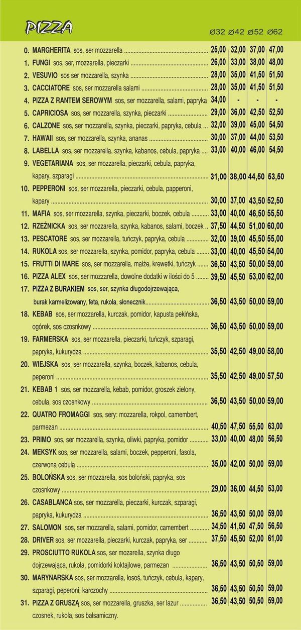 menu Pizza Alex Kościan