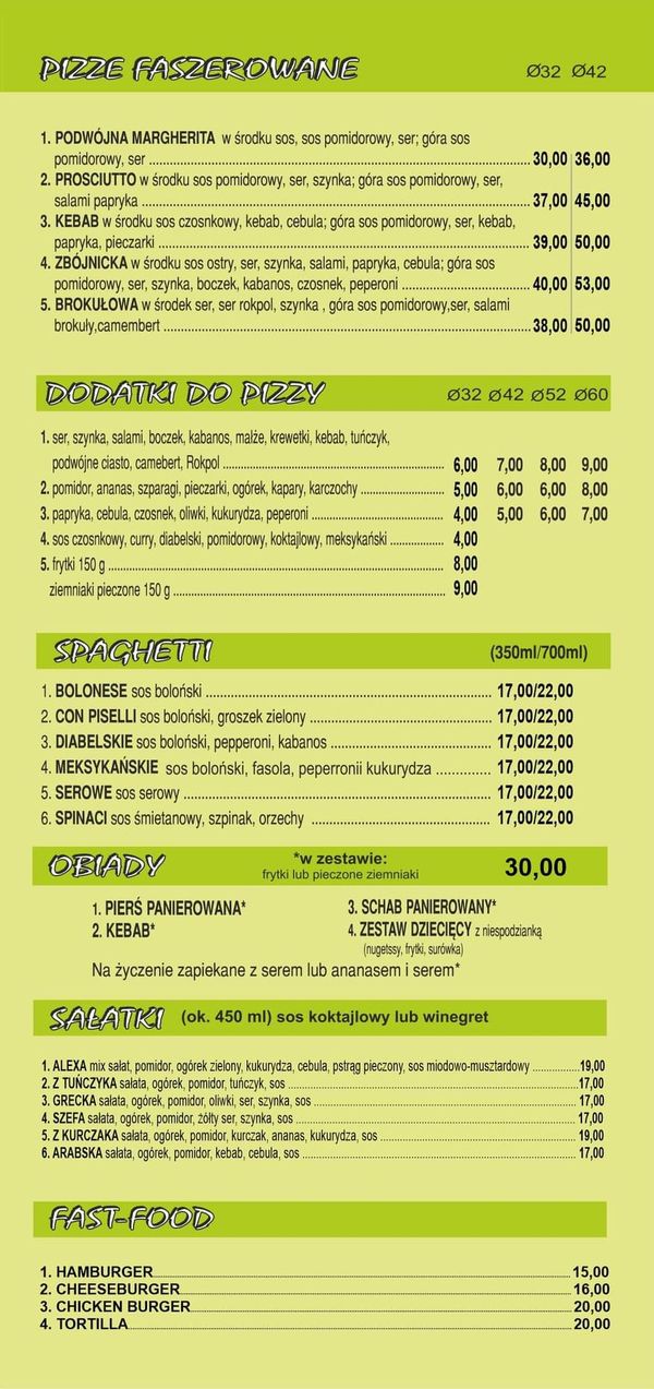 menu Pizza Alex Kościan