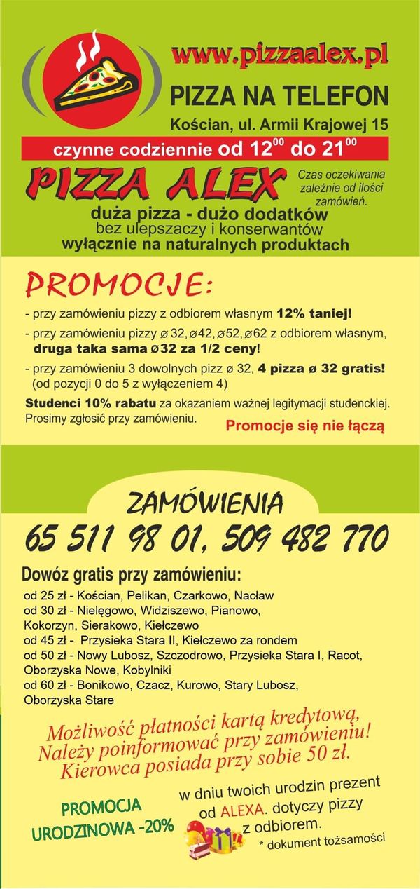 menu Pizza Alex Kościan