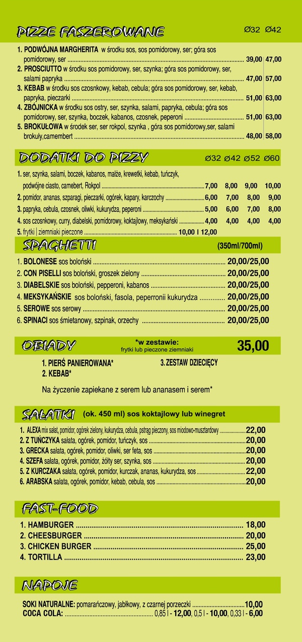 menu Pizza Alex Kościan