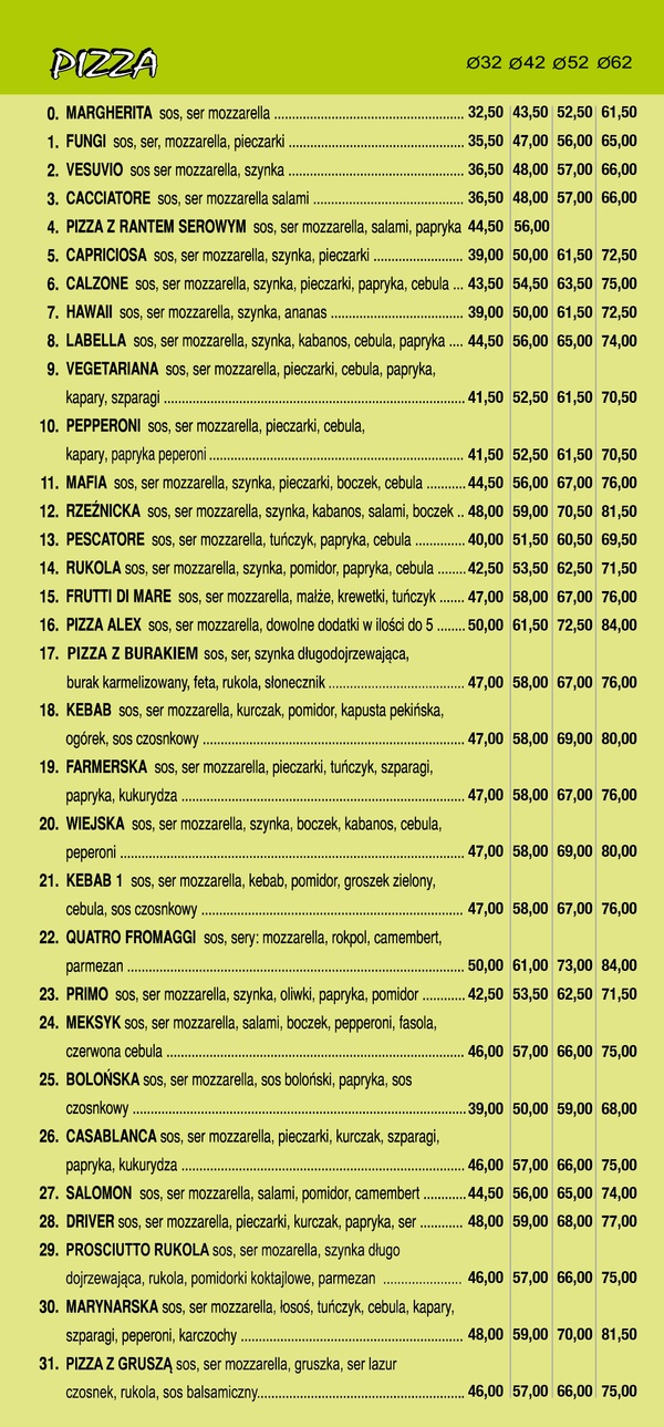 menu Pizza Alex Kościan