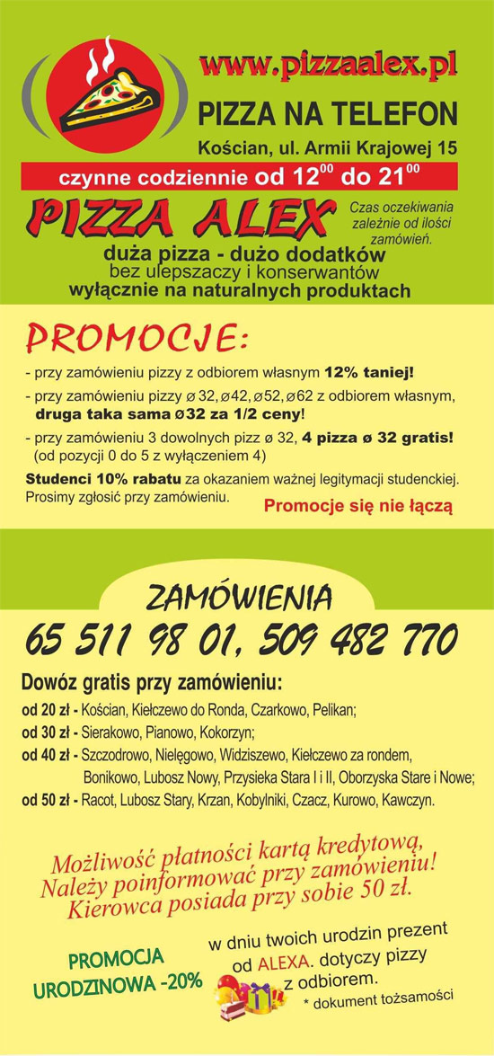 menu Pizza Alex Kościan